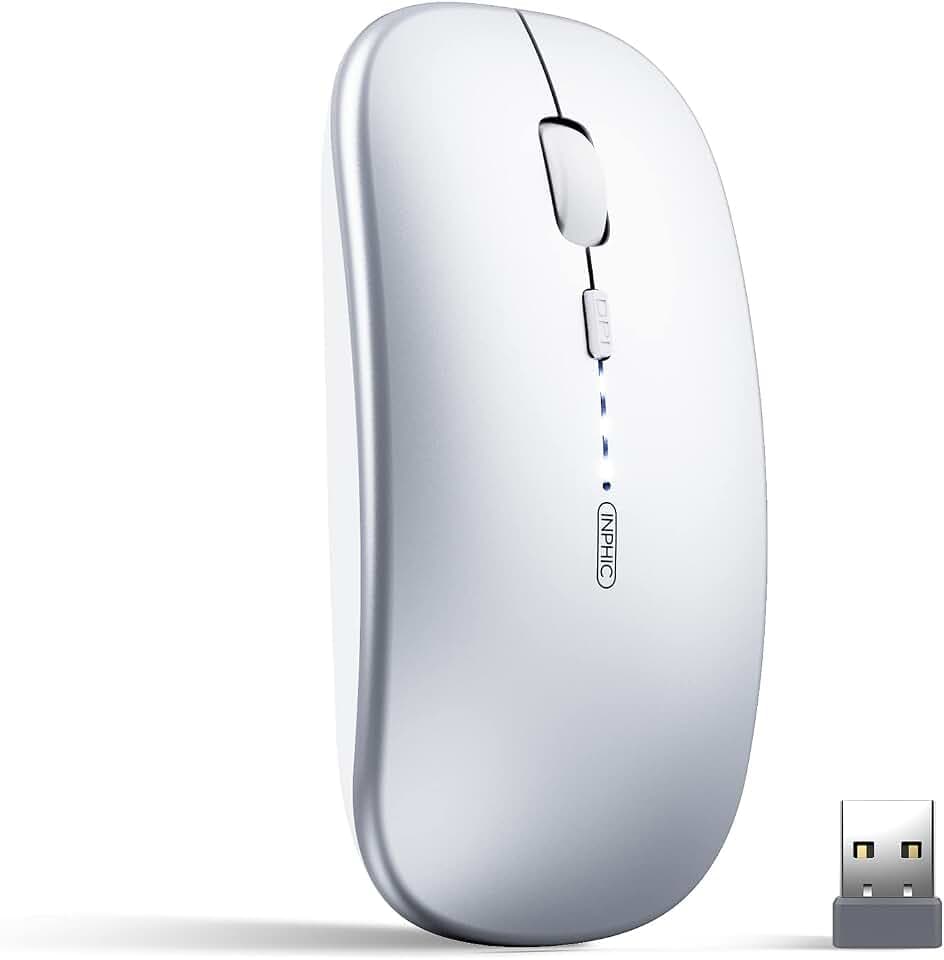 inphic Kabellose Bluetooth Maus, Tri-Mode 2.4G Aufladbar, für Laptop, PC | Multi-Device für iPad, MacBook, Tablet & Surface, 5 DPI-Stufen (800-2400), symmetrisch, Nano-Empfänger, bis zu 90% leiser