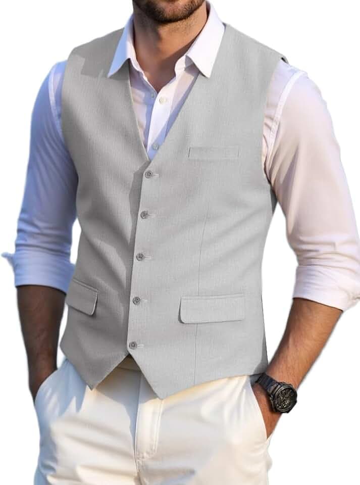 Solovedress Herren Elegant Anzugweste Herrenwesten Sommer Leinen Weste für Hochzeit und Party