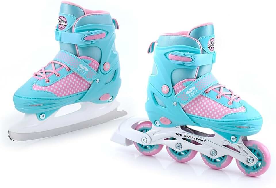 SMJ Lily Kinder Mädchen Set 2in1 Inliner/Schlittschuhe VERSTELLBAR | ABEC-7 Rollschuhe | Inlineskates umbaubar zu Eislaufschuhe | Türkis/Rosa