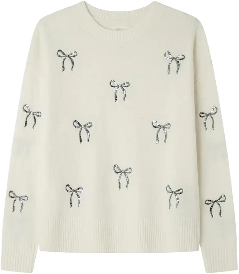 Springfield Damen Sequin and Lurex Bow Embroidery Sweater Sweater