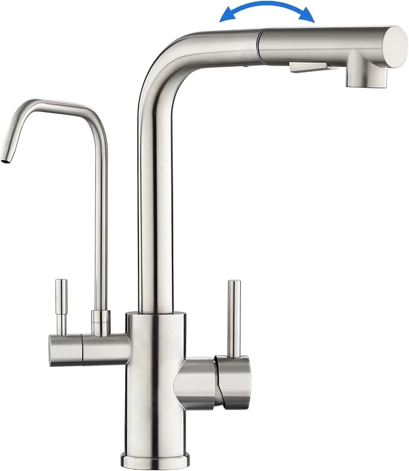 ROVOGO 3 Wege Wasserhahn Küche mit Filter, Hochdruck Küchenarmatur mit 2 Strahlarten Brause Ausziehbar, Doppelhebel Mischbatterie Küche für Heiß-, Kalt- und Trinkwasser, Gebürstet Edelstahl, L-Auslauf
