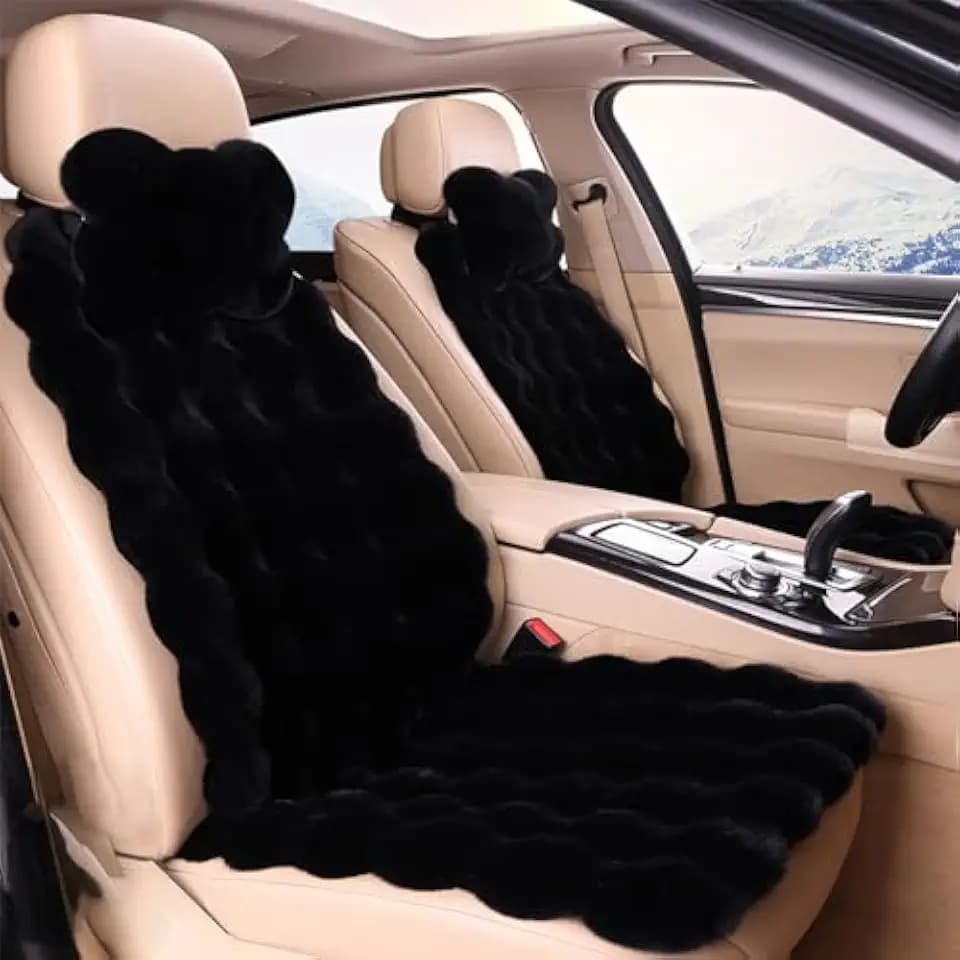 Luxury Thickened Plush Car Seat Cushion Set,Soft Fluffy Protector Warm Faux Rabbit Fur Non-Slip Front and Back Seat Covers (Black,6pcs)