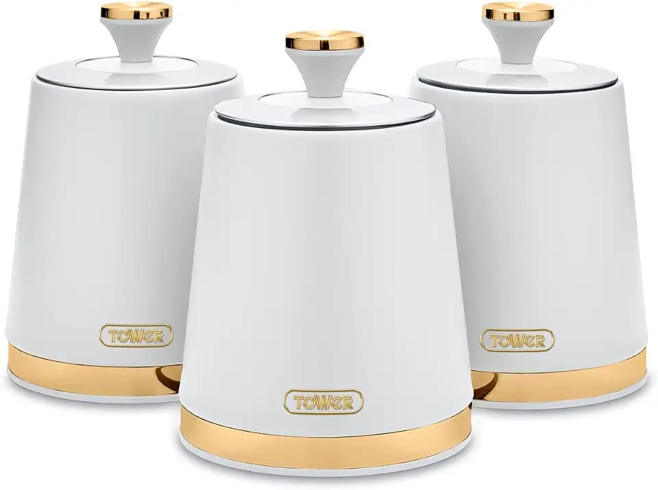 Tower Cavaletto T826131WHT Vorratsdosen Set mit 3 Vorratsdosen für Kaffee/Zucker/Tee, Stahl, Weiß und Champagner-Gold
