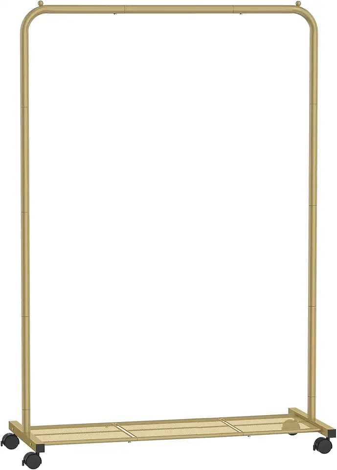 SONGMICS Kleiderständer mit Rollen, Kleiderständer zum Aufhängen von Kleidung, 25,4 mm Metall Kleiderständer mit dichtem Netz-Aufbewahrungsregal, 49.9 kg Tragkraft, 2 Bremsen, Gold UHSR025A01