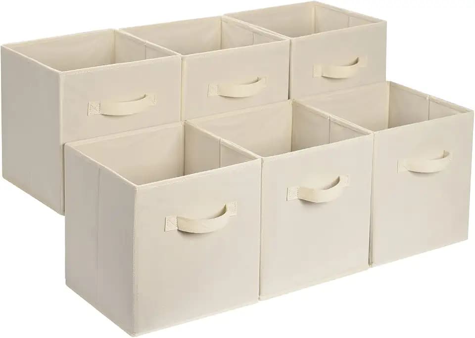 Amazon Basics zusammenklappbarer Aufbewahrungswürfel/Organizer aus Stoff mit Griffen, 33 cm x 33 cm x 33 cm, Beige, 6 Stück, Einfarbig Beige