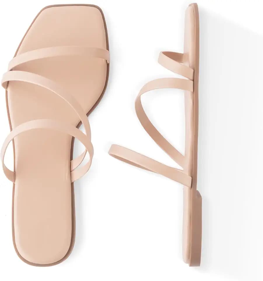 LACUONE Flat Sandals Women Square Open Toe Slides