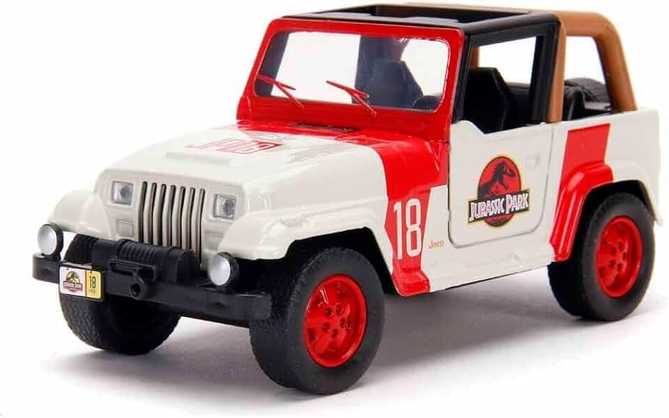 Jada Toys Jurassic Park Jeep Wrangler, Modellauto, Spielzeugauto, Türen zum Öffnen, Maßstab 1:32, Mehrfarbig