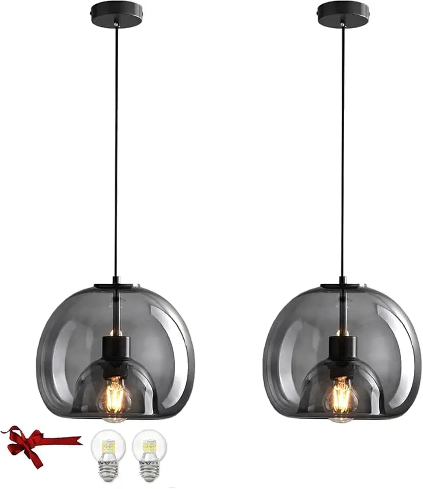 Glas-Pendelleuchte für die Kücheninsel, 2 Packungen Rauchglas-Pendelleuchten mit extra 2 Glühbirnen, verstellbares 1,5m Kabel, moderne Pendelleuchte für Kücheninsel, Esszimmer
