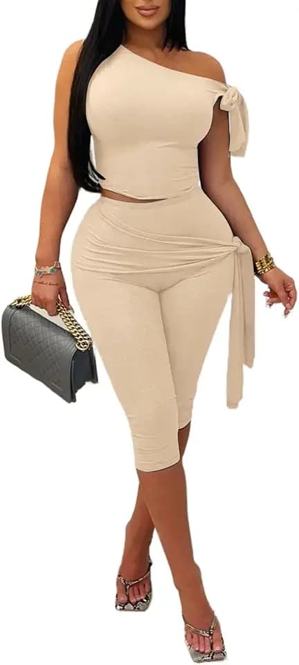 Vssjavun Women 2 Piece Outfit One Shoulder Crop Top Capri Pant Set