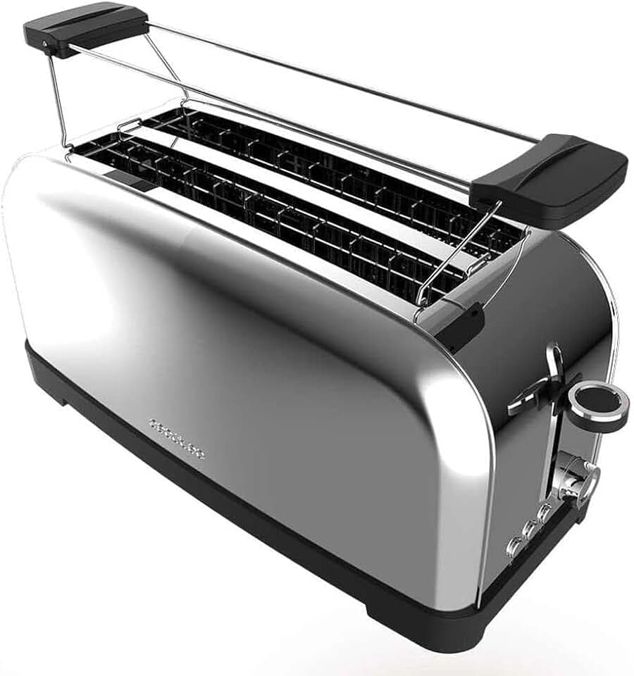 Cecotec Vertikaler Toaster Toastin' time 1500 Inox, 1500W, Doppelter langer und breiter Schlitz 3,8 cm, Obere Stäbe, Edelstahl, Automatische Abschaltung und Pop-up-Funktion, Krümelablage
