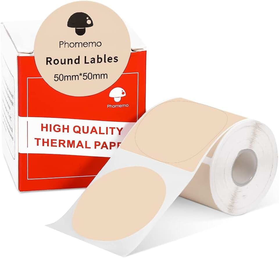 Phomemo M110 M120 M200 M220 M221 Etikettenhersteller Runde Kreis Etikett-Thermodrucker-Etiketten für Preis, Name, Adresse, Logo, Barcode, 50mm*50mm, Khaki (1 Rolle)