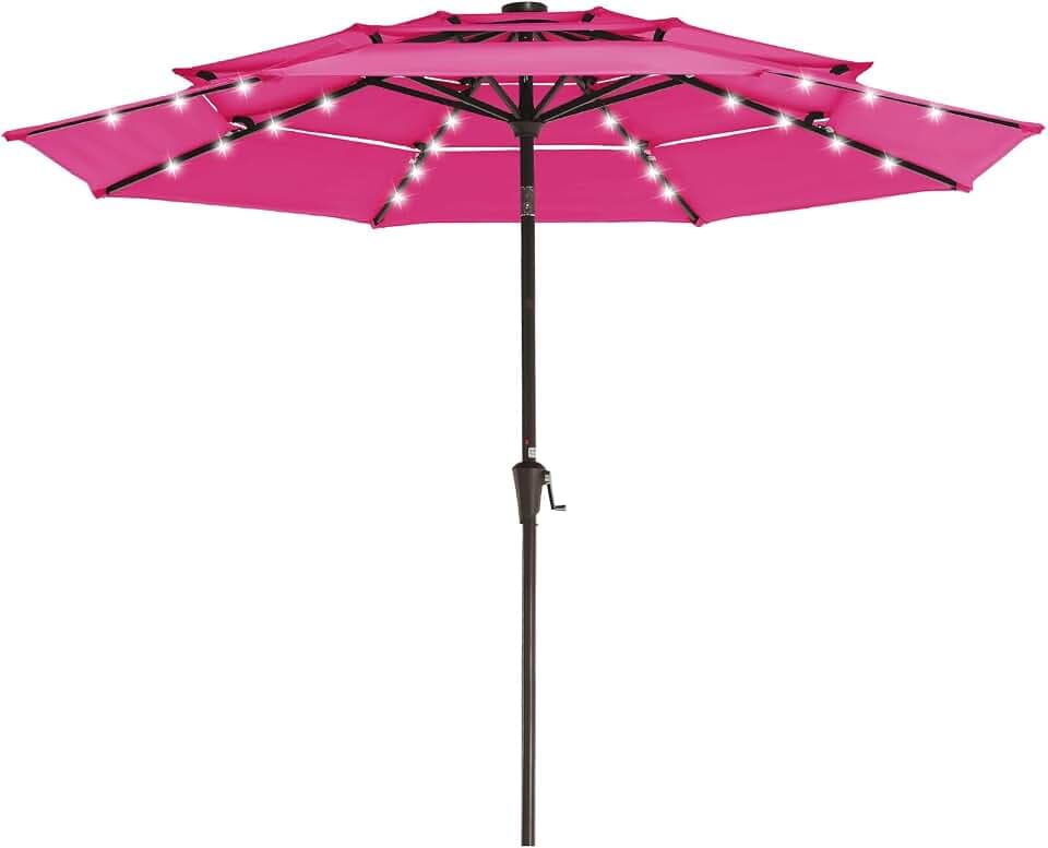 JEAREY 9 ft 3-Tier Outdoor LED Lighted Patio Umbrella w/Crank, Pink