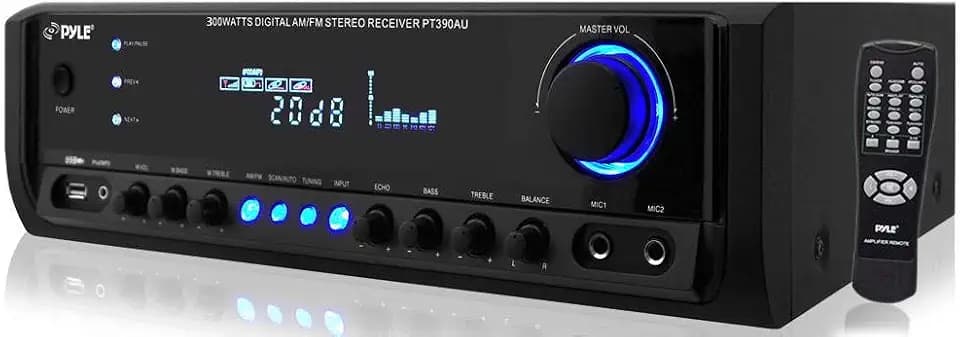 Pyle 300W 4-Channel Home Audio Power Amplifier - Stereo Receiver with USB/ RCA/ AUX/ 2 Mic Inputs w/ Echo/ LED/ EQ/ Digital Display/ Remote - For PA - iPhone - Karaoke - Home Entertainment - PT390AU
