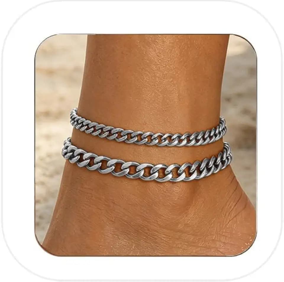 2PCS Stainless Steel Ankle Bracelets for Women Non Tarnish Waterproof Layered Chunky Cuban Link Chain Anklets Beach Jewelry for Women Vacation Accessories for Summer Outfits