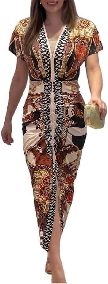 CHICME Dresses for Women Floral Plunge V Neck Ruched Midi Dress