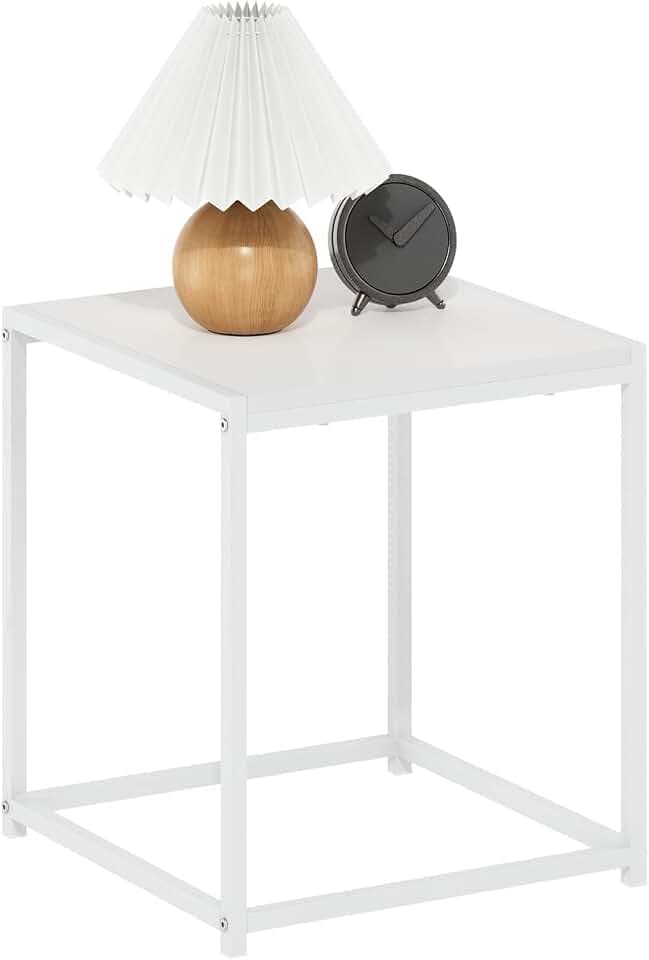 Furinno CAMNUS Side Table, Modern End Table with Metal Frame, Square Open Design Night Stand, Bedside Table, Easy Assembly, for Living Room, Bedroom, Solid White