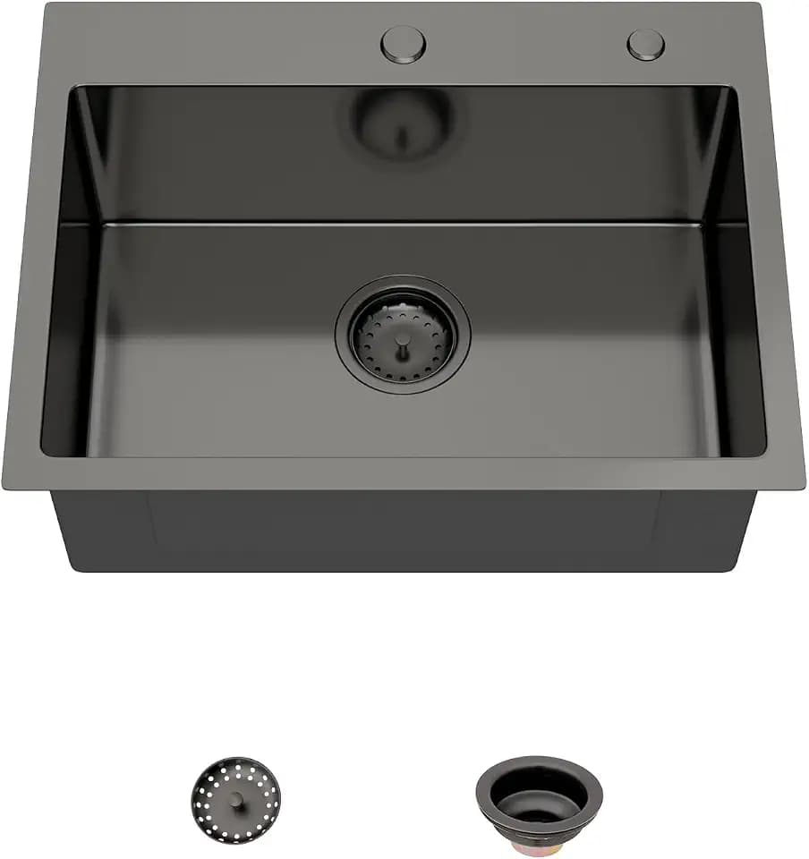 Mocoloo 24 Inch Gunmetal Black Drop in Kitchen Sink - 24" x 18" T304 Stainless Steel Handmade Single Bowl Round Corner Topmount 9" Deep Above Counter Basin