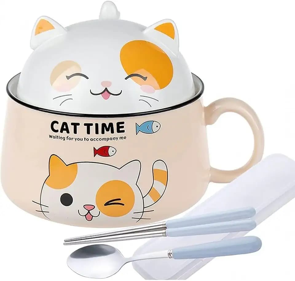 lachineuse – Japanische Ramen-Schale mit Deckel – Kawaii-Katze 1020 ml
