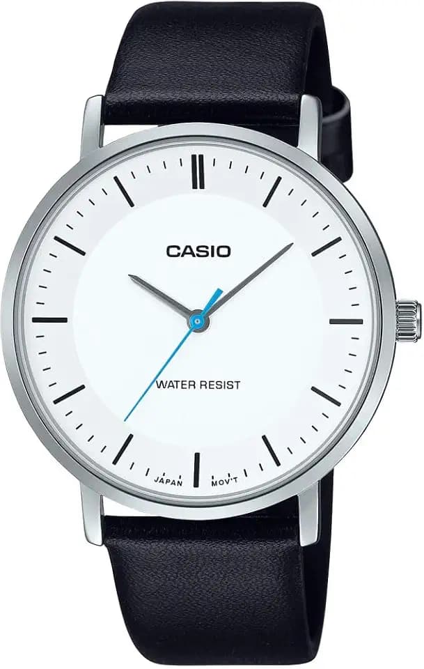 Casio MTP-VT04L-7E Men's Minimalistic Black Leather Band White Concave-Shaped Dial 3-Hand Analog Watch