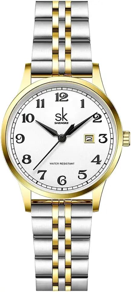 SHENGKE SK Classic Business Women Watches with Stainless Steel Band and Genuine Leather Elegant Ladies Calendar Watch