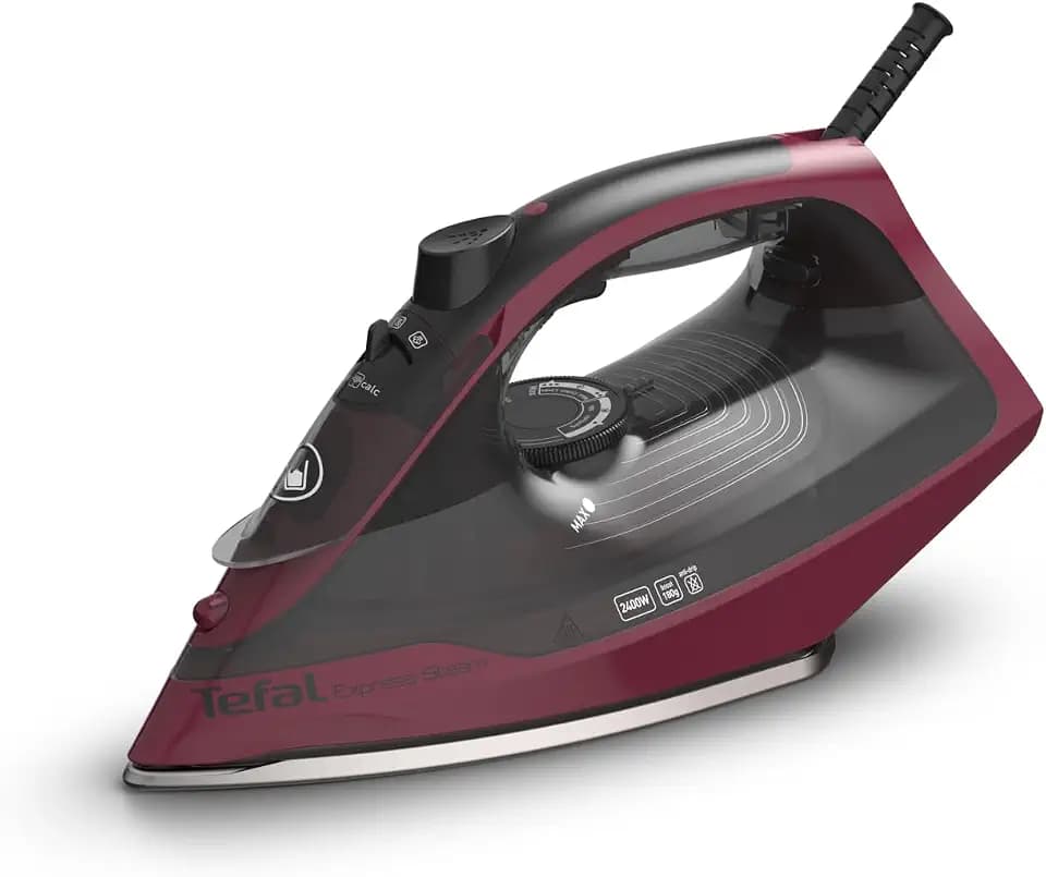 Tefal FV2846 Express Steam Dampfbügeleisen, 2400 W, 40 g/Min. Dampfmengenregulierung, 180 g/Min. Dampfstoß, Antitropf-Funktion gegen Flecken auf der Wäsche, 270 ml Wassertank, Schwarz/Weinrot