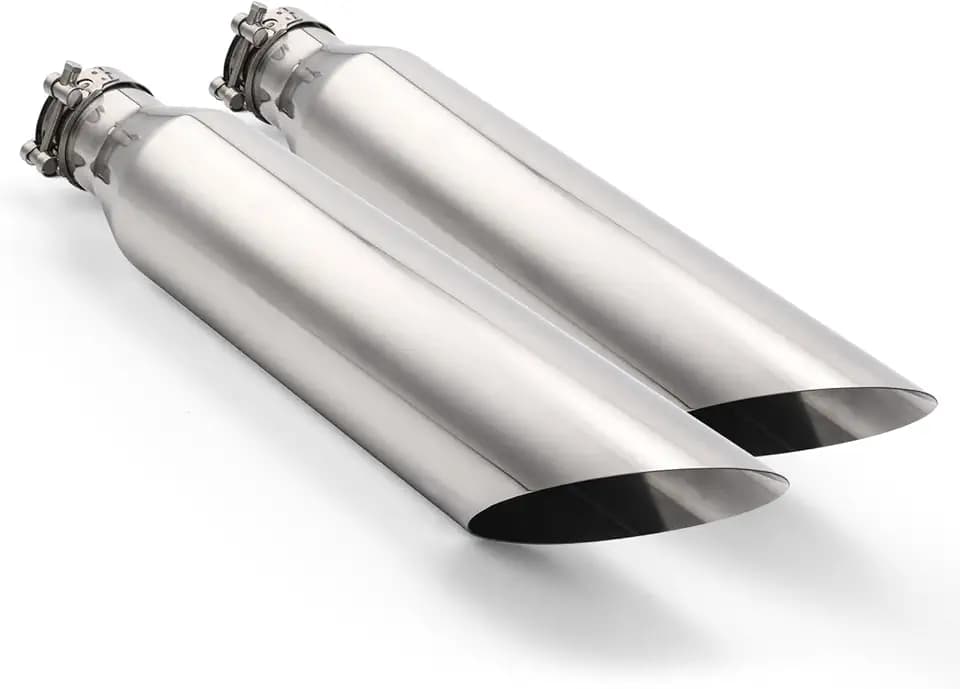 LCGP 2.5inch Exhaust Tip, 2.5" Inlet 4" Outlet 18" Long, Clamp On Tailpipe for Car Trucks, Polished, Universal Stainless Steel Diesel Exhaust Tailpipe, Slant Cut, 2pcs