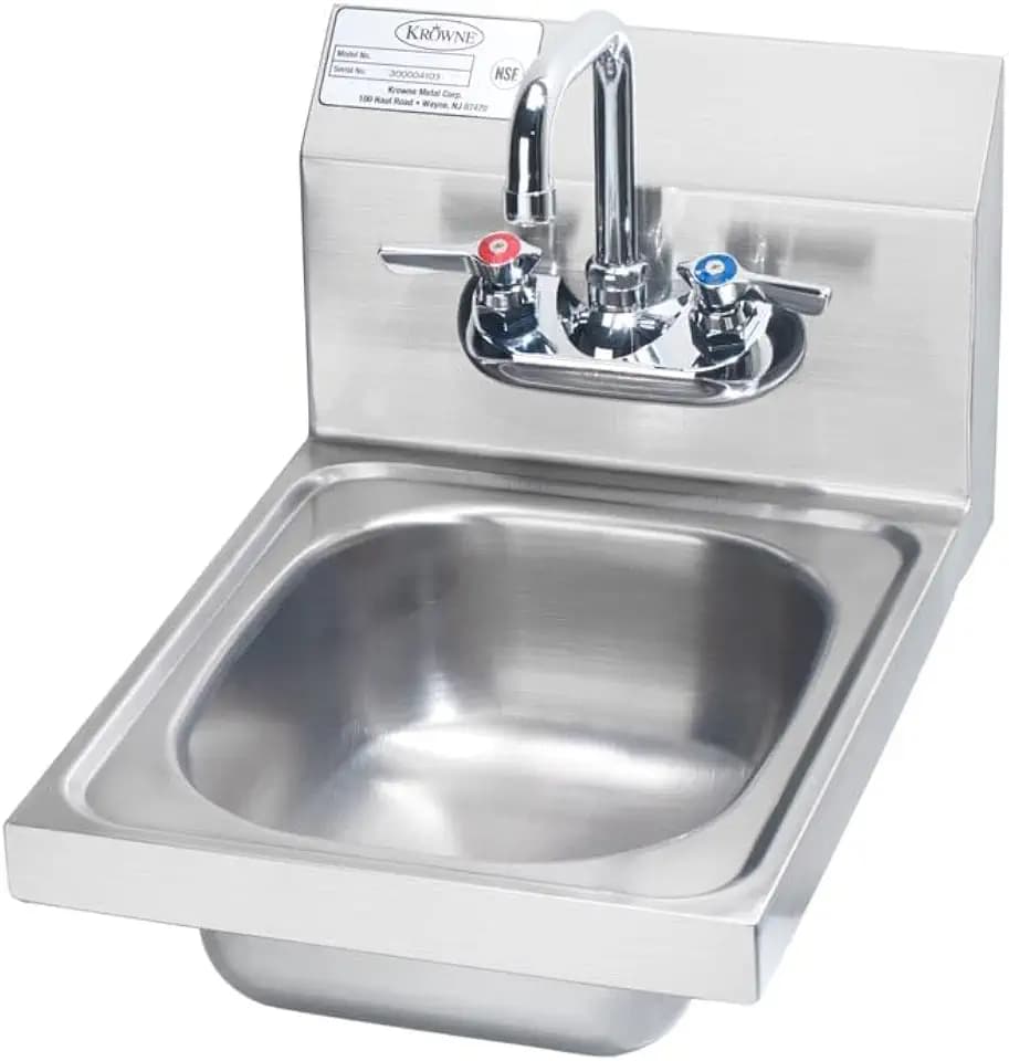 Krowne HS-9L Space Saver Hand Sink, Wall Mount, 12-1/2"W x 17-1/4"D x 13-3/8"H OA, 7-3/4"H backsplash, 9-3/4" Wide x 12-1/2" Front-to-Back x 5-5/8" deep Bowl, 4" OC Splash Mount gooseneck Faucet