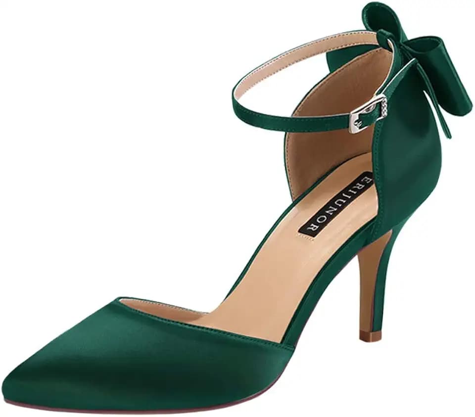 ERIJUNOR Wedding Evening Party Shoes Comfortable Mid Heels Pumps with Bow Knot Ankle Strap Wide Width Satin Shoes