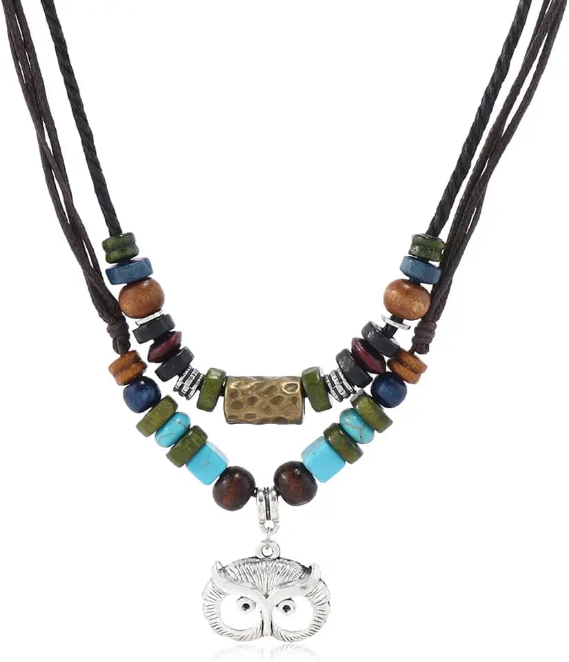 PINK TOWN Bohemian Layered Leather Necklace for Women Men Vintage Butterfly Tree of Life Tooth Pendant Necklace Adjustable Boho Wooden Beads Braided Necklace Ethnic Style Jewelry