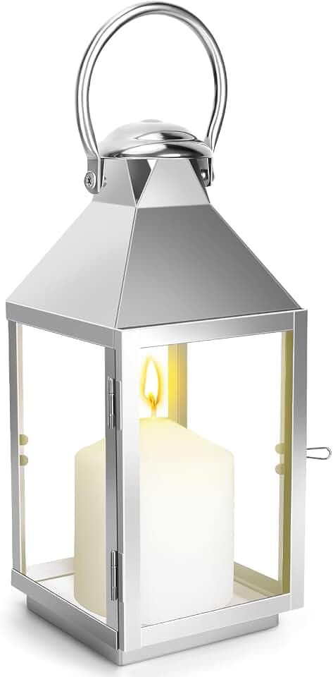 Laterne Silbrig Metall Kerzenlaterne 30cm Metall Laternen für draußen, Garten Outdoor Windlichter Wetterfest Kerzenlaterne Retro Halloween Weihnachten Friedhof Kerzenständer Kerzendeko (Silbrig S)