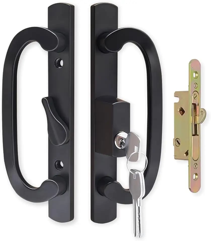 Sliding Glass Door Handle Set Replacement with Keyed Lock, 3-15/16" Screw Hole Spacing, Reversible Non-Handed Patio Door Handles, Aluminum Pull, Fits 1-3/8" to 2" Thick Doors (Black, No Keeper)