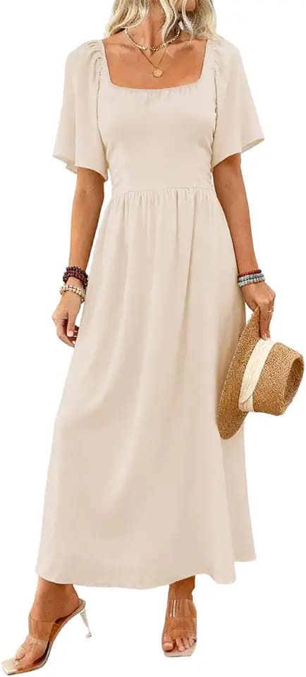 LIAMERHE Damen Kleid Maxi Kleid Elegant A-Linie Lang Freizeitkleid mit Karree-Ausschnitt Boho Strandkleid Vintage Hohe Taille Lässiges Partykleid