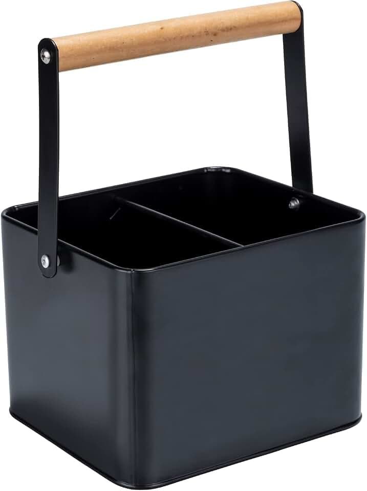 WENKO Utensilienkorb Mod. Baco, Tragekorb aus Metall mit flexiblem Holzgriff, ideal für den Transport von Saucen, Black Outdoor Kitchen