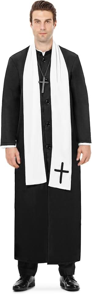 Priester Kostüm Herren Halloween Pfarrer Kostüm Männer Schwarz Priester Robe mit Schal für Halloween Karneval Fasching Cosplay