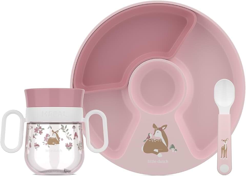 Mepal - Babygeschirr Set Mio Little Dutch - Inklusive auslaufsicherem Trinklernbecher, Kinderteller mit Unterteilung & Lernlöffel - Spülmaschinengeeignet & BPA frei - 3-teilig Set - Fairy Garden