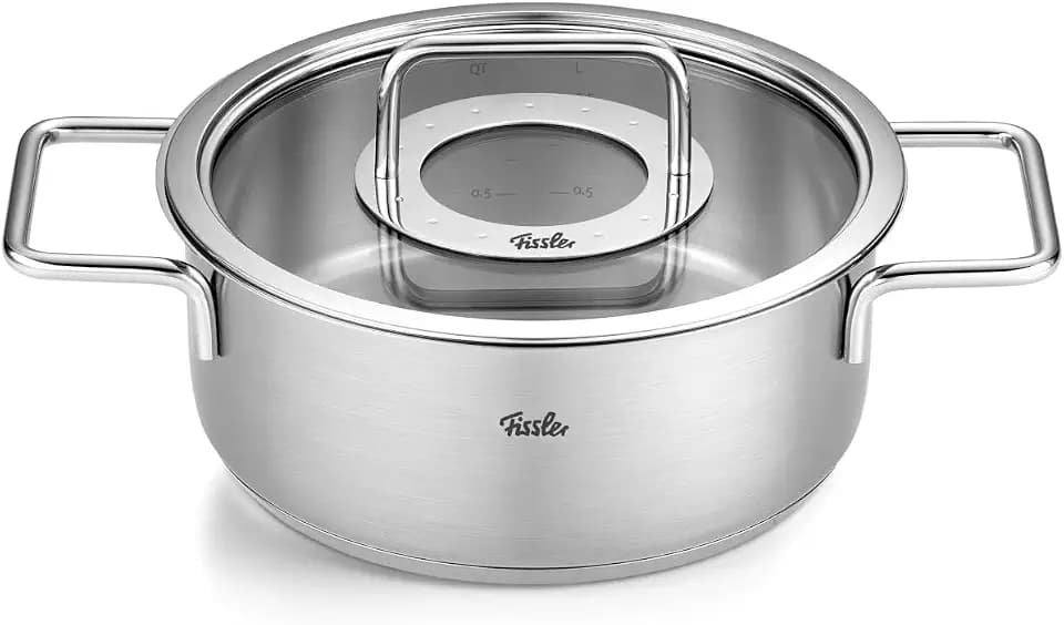 Fissler Pure Collection/Edelstahl-Bratentopf (Ø 20 cm, 2,4L) Töpfe inkl. Metall-Deckel, Innen-Skalierung – Induktion