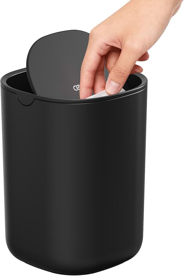 Cesun Mini-Tischmülleimer mit Schwingdeckel, 0.4 Gallonen kleiner Schreibtisch-Mülleimer, Arbeitsplatten-Papierkorb, moderner kleiner Tischmülleimer für das Home Office, den Schminkbereich(Schwarz)