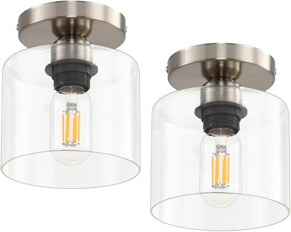 Modern Semi Flush Mount Ceiling Light, Brushed Nickel Rustic Ceiling Light Fixture for Closet, Hallway, Kitchen, Hallway Light Fixture Ceiling, Brushed Nickel Finish, Clear Glass Shade, 5.9in, 2 Pack