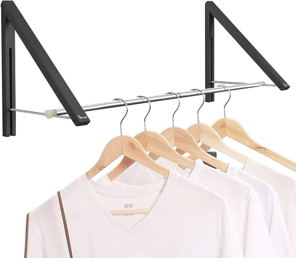Ausziehbarer Kleiderständer – Kleiderständer, faltbar, an der Wand befestigt, für die Aufbewahrung des Kleiderschranks der Waschküche, Aluminium, 2 Körbe mit Stange (schwarz)