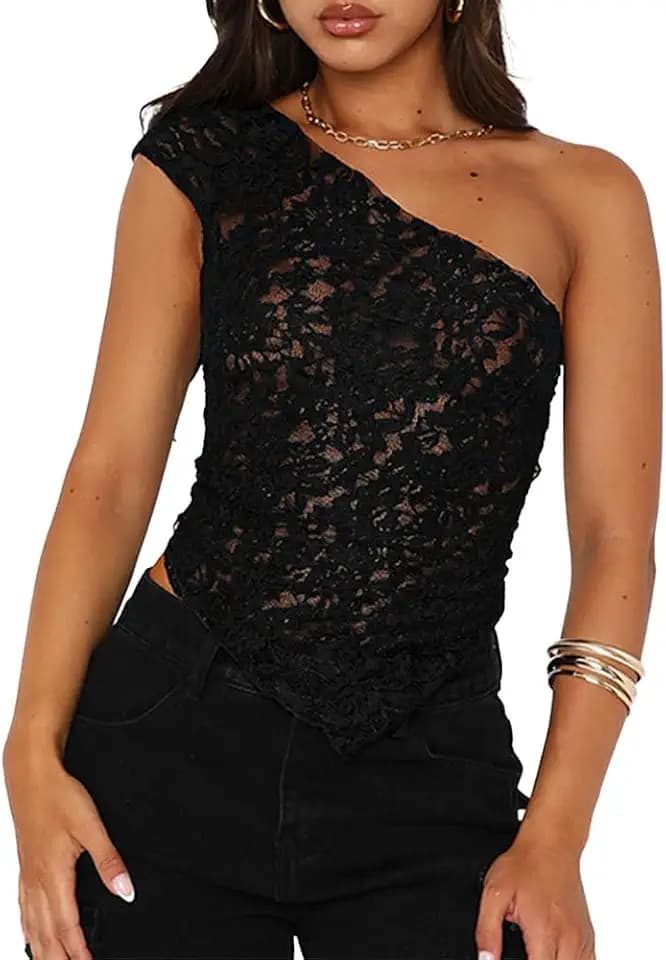 ABYOVRT Women One Shoulder Lace Top Irregular Hem Backless Crop Tops See Through Sheer Tank Tops Going Out Clubwear