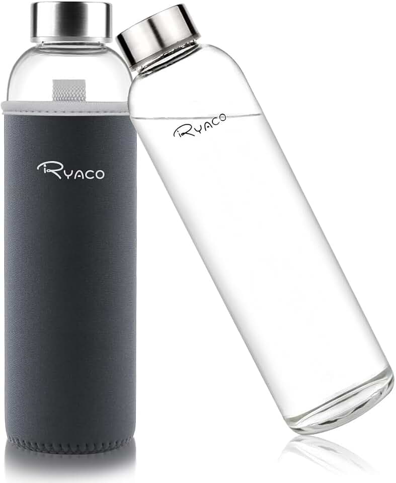 Ryaco Trinkflasche aus Glas 550ml/750ml/1000ml/1L,Glasflasche mit Neoprenhülle,Glastrinkflasche mit Schraubverschluss,Wasserflasche Glas für heiße kalte Getränke,spülmaschinenfest