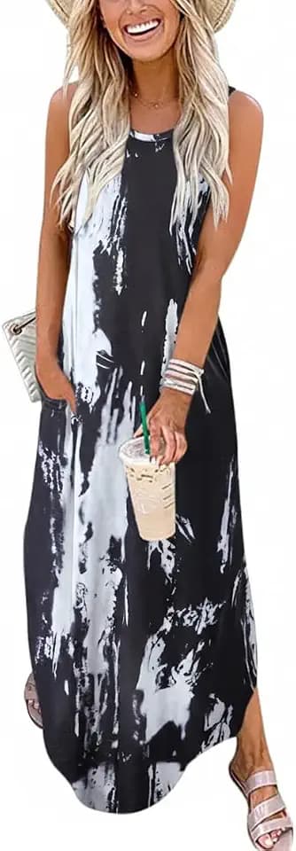 Cuptacc Sommerkleid Damen Lang Ärmellos Blumenmuster Strandkleid Maxikleid mit Taschen Elegante