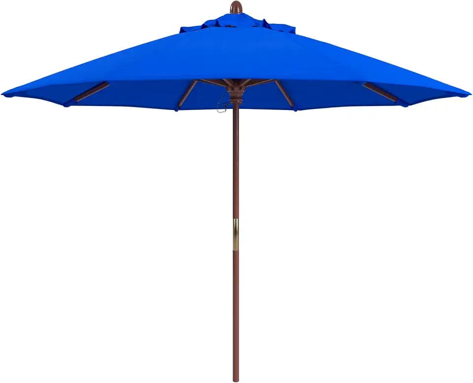 California Umbrella 9' Premium Commercial Hardwood Patio Umbrella, Manual Lift With Sunbrella Pacific Blue Fabric