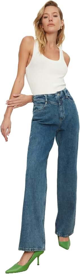 TRENDYOL Damen Jeans E Taille Detaillierte Hohe Taille 90er Jahre Breite Beinjeans