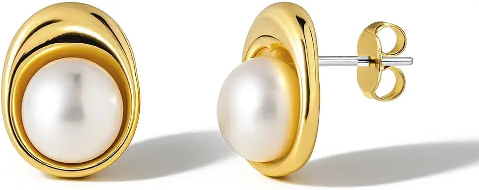 Altitude Boutique AAA Freshwater Pearl Bezel Stud Earrings | 8mm Genuine Cultured Pearls with 14K Gold-Plated or Rhodium-Plated | Hypoallergenic Stainless Steel Ear Posts | Minimalist Everyday Jewelry for Women