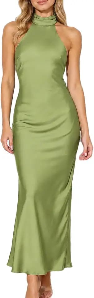 Women Summer Satin Halter Neck Backless Formal Wedding Guest Maxi Dress
