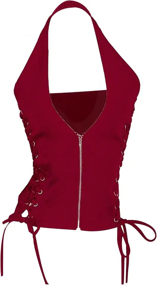 Floerns Women's Y2k Lace Up Halter Top Zip Up Deep V Neck Sleeveless Going Out Fall Fashion Tops