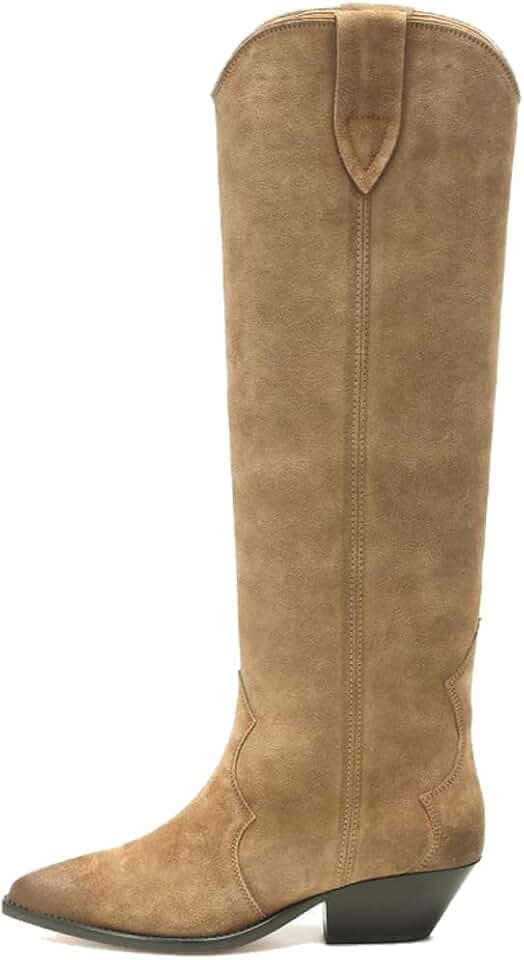 YIYA Women's Western Cowboy Knee High Boots Classic Pointed Toe Chunky Low Heels Cowgirl Pull On Boots