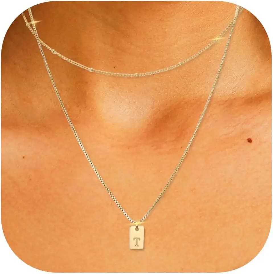 SKQIR Initial Necklace for Women Gold Plated Layered Letter A-Z Name Pendant Necklace Choker Silver Chain Tiny Dainty Initial Monogram Alphabets Tag Charm Trendy Jewelry Gift for Women
