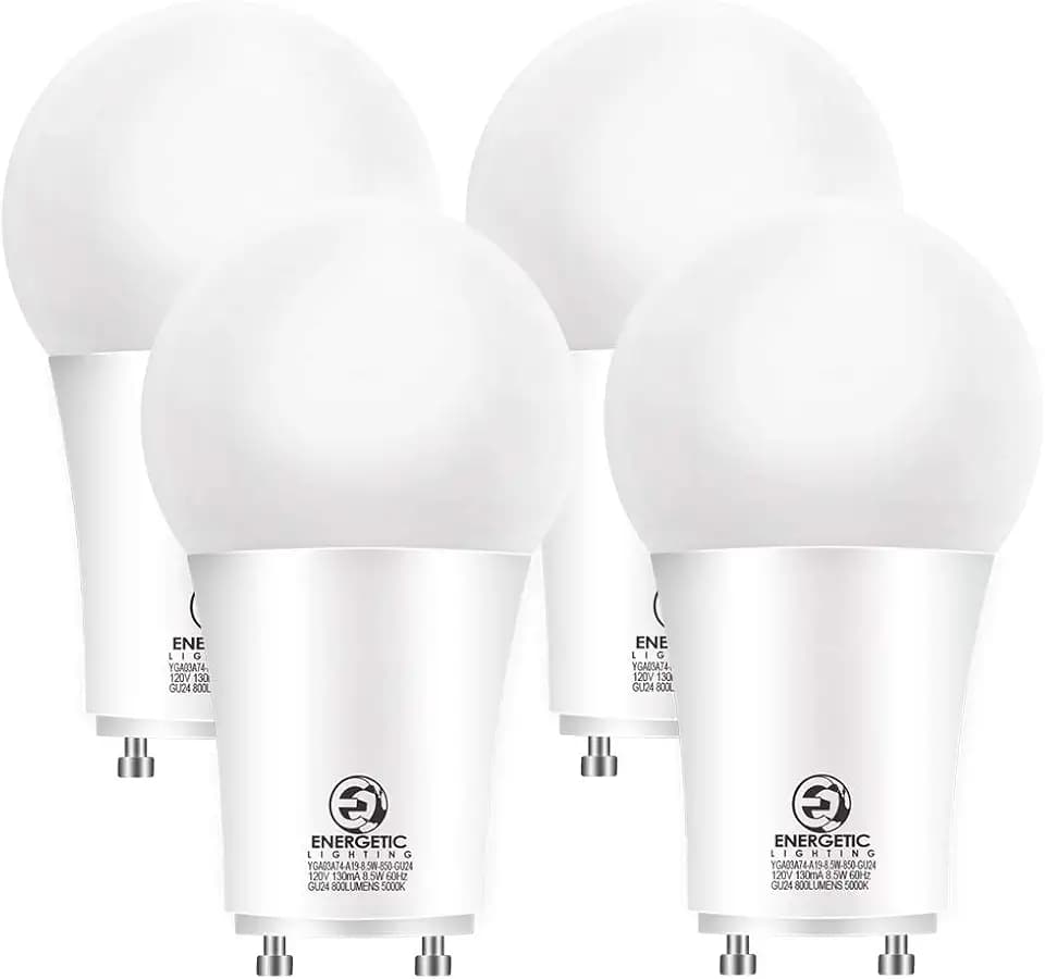 Energetic LED GU24 Base, A19 Shape, 60 Watt Equivalent (8.5W), 5000K Daylight, 800 Lumens, Non-Dimmable, 2 Pin LED Light Bulb, UL Listed, 4 Pack